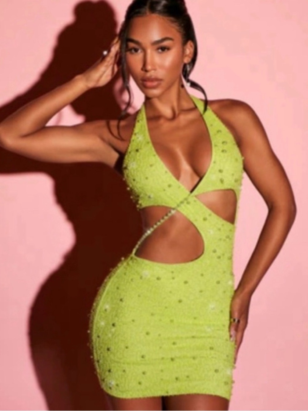 Oh Polly Neon Lime Cutout Halter Mini Dress